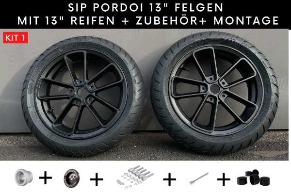SIP PORDOI 13 Zoll Felgen KIT schwarz matt mit 13" Michelin Power Pure SC Reifen
